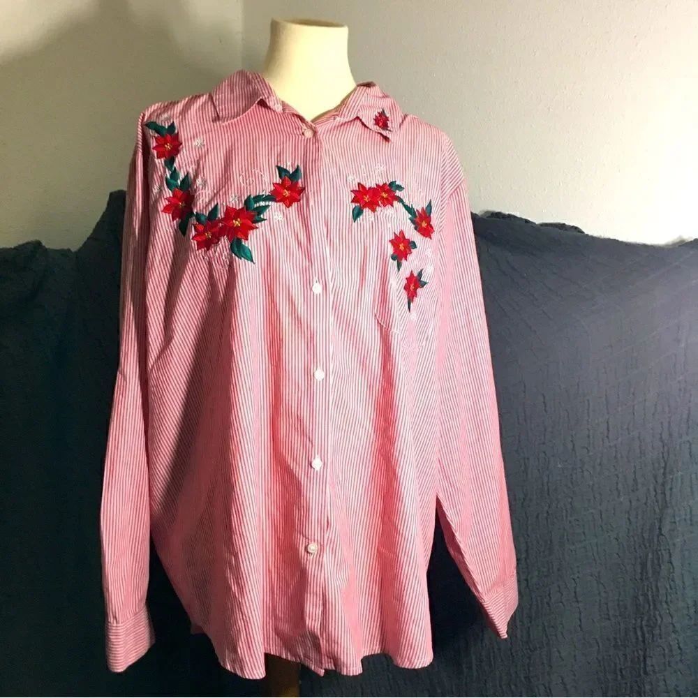 Karen Scott Striped Poinsettias Shirt Size XL